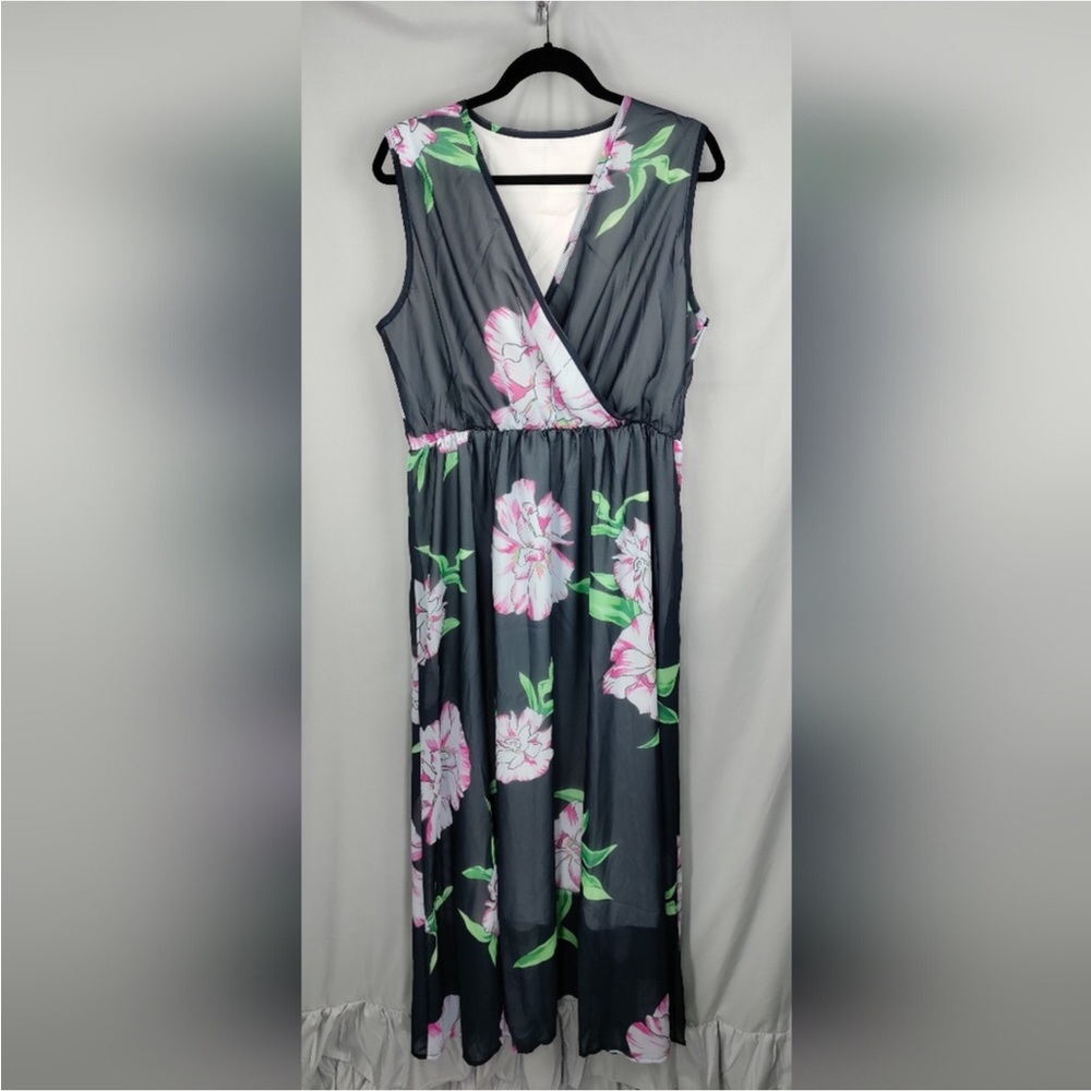 Women’s V-Neck Sleeveless Maxi Dress Blue Pink Floral - Picture 4 of 9